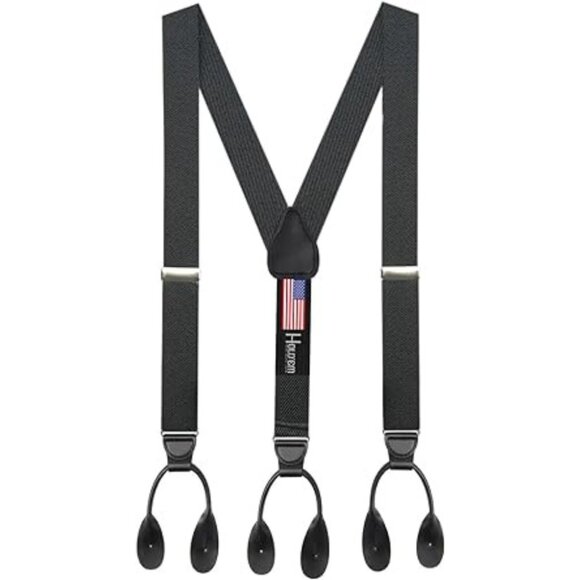Hold’Em 1 3/8” Twill Elastic Suspenders for Men Leather Trimmed Button - Grey - Picture 1 of 7